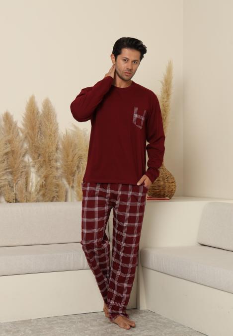 Pijama Barbati ,Maneca si Pantaloni Lungi,Culoare Bordo cu Alb,Engros